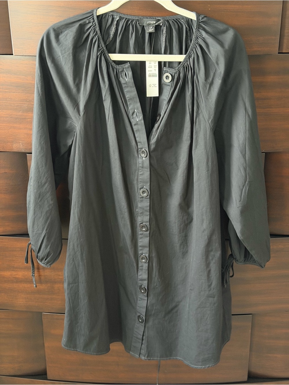 NWT J.Crew Cotton Tie-Neck Balloon Sleeve Dress | Soft Black | LP